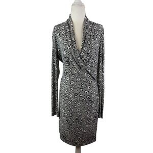 Norma Kamali Leopard Print‎ Wrap Dress Large Grey Ruched Stretch Office Cocktail